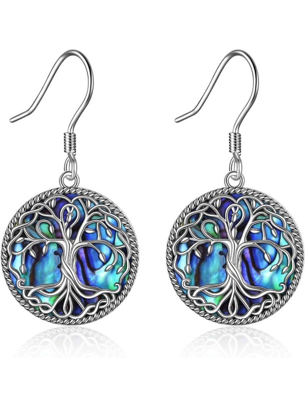 Sterling Silver Celtic Tree of Life Dangle Earrings with Abalone Shell & Crystal